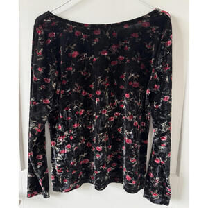 Ninety Velvet Floral Top Black with Long Sleeve Tie Neck‎ Boho Retro L